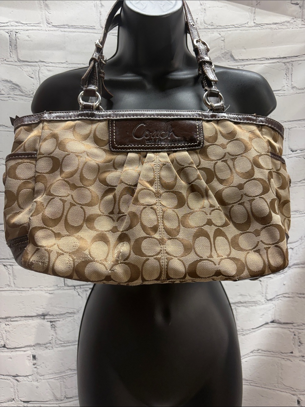 Coach Beige and Brown Signature Jacquard Shoulder Bag